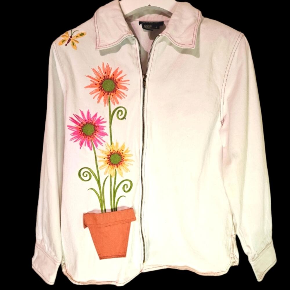 Vintage Bob Mackie Wearable art white denim floral embroidered jacket. Size S/M